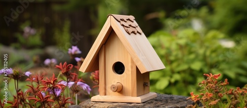 A charming birdhouse made of wood sits atop a triangular rock in a garden landscape, surrounded by lush greenery, flowers, and a tall tree