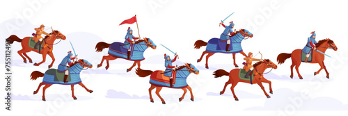 Horse cavalry. History horses warriors battle scene, ancient army royal horseguard, war china warrior hun or mongol cavalier medieval soldiers attack, ingenious vector illustration photo