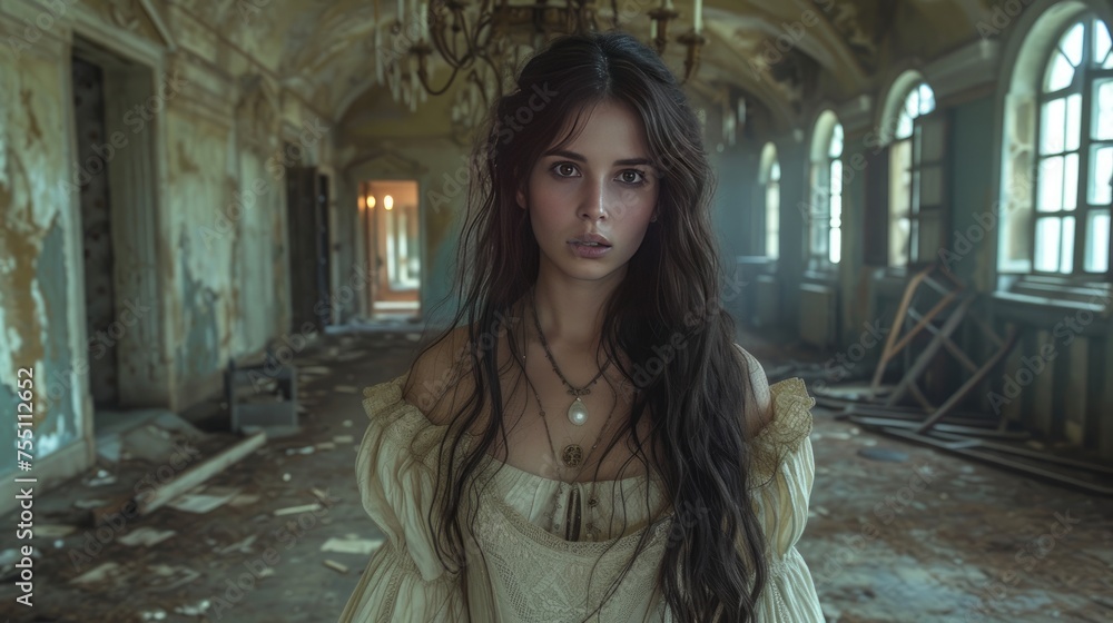 Fototapeta premium Mysterious Woman in Abandoned Mansion Hallway