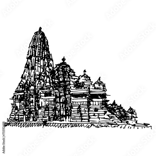 Kandariya Mahadeva Temple in Khajuraho, India. Hindu architectural medieval monument. Hand drawn linear doodle rough sketch. Black silhouette on white background. photo