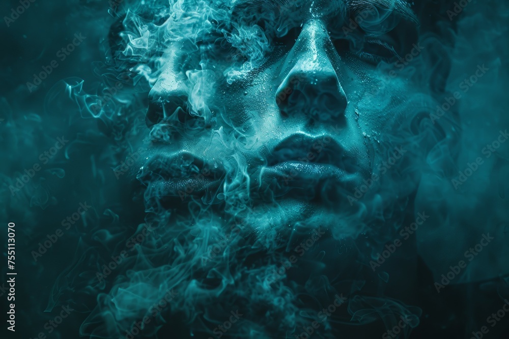 A man's face is shown in a blue background with smoke - obrazy, fototapety, plakaty 