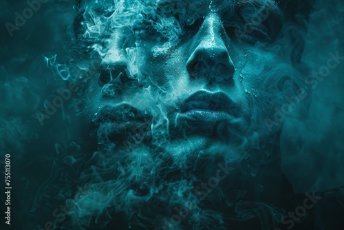 A man's face is shown in a blue background with smoke