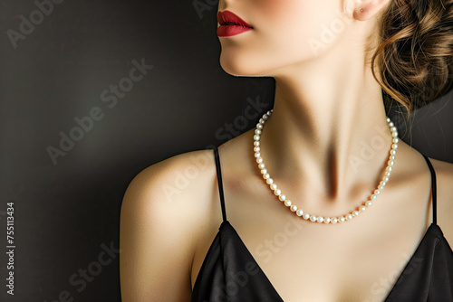 Young woman wearing elegant pearl jewelry on black background