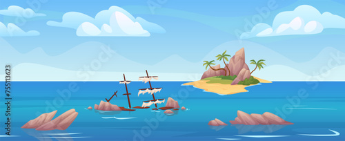 Uninhabited island. Empty desert islands tropical coast panoramic cartoon landscape, alone in caribbean sea after shipwreck robinson concept