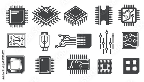Cpu chips cartoon icons. Micro processor electronic microchip logo, cpu gpu quantum chip for circuit network motherboards, pcb microprocessor abstract icon neat vector illustration