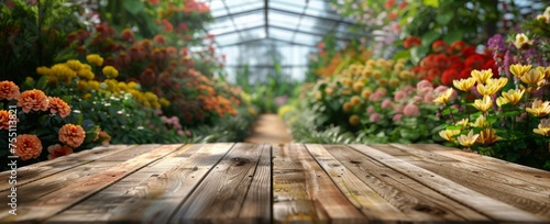 Wooden Table in Flower-Filled Garden
