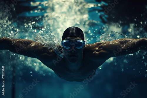 AI Generated Image. Male athlete swimming in Olympic pool photo