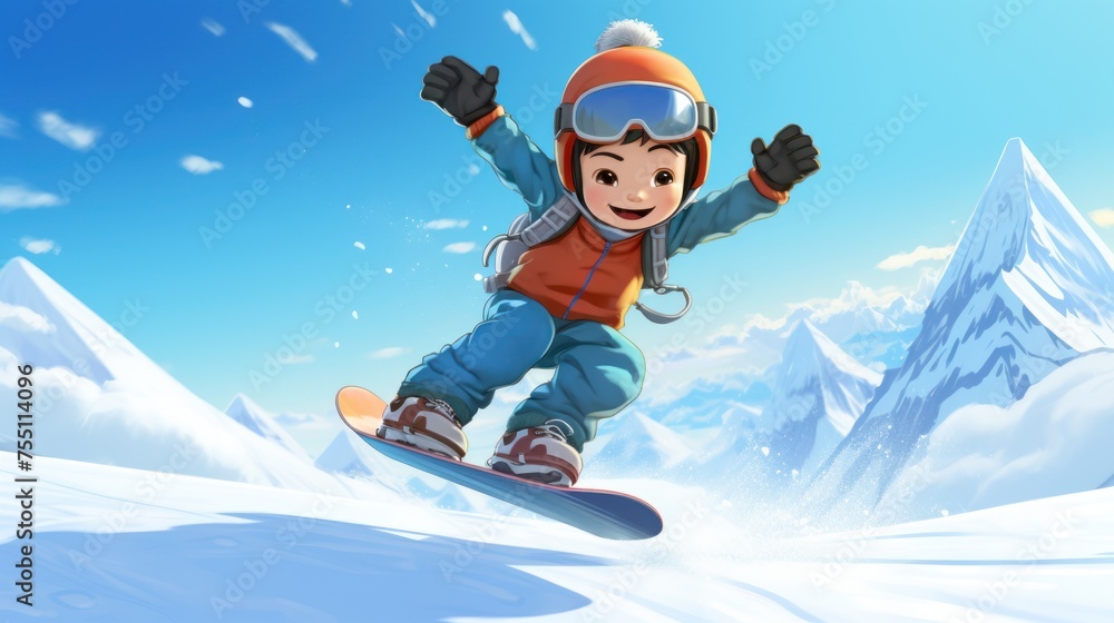 A cartoon character is snowboarding down a mountain. They are wearing a red hat and orange coat with blue snow pants. The background features a blue sky with white clouds and snow-capped mountains.