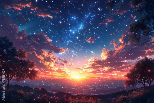 Painting of a Vibrant Sunset With Stars