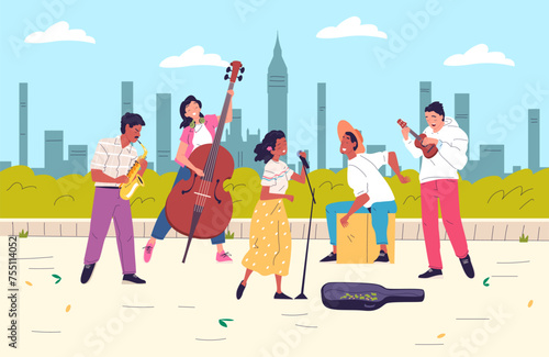 Street musician band. Young performers singing microphone playing musical instruments, outside concert in town square outdoor garden, busking musicians classy vector illustration