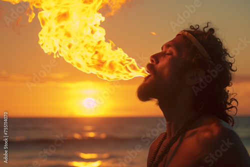 AI Generated Image. Ethnic fire breather blowing big flame next to the ocean photo