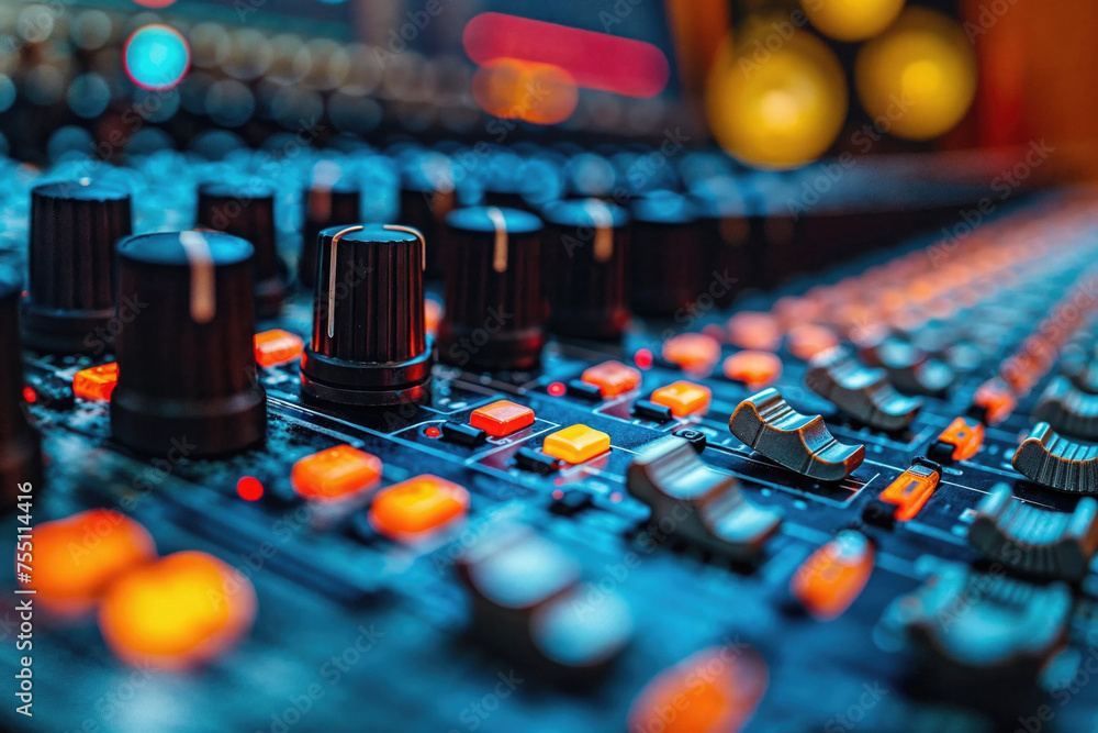 © ADDICTIVE STOCK - Macro shot of an audio mixing console with intricate knobs and faders, highlighted by a warm bokeh effect. Generative AI