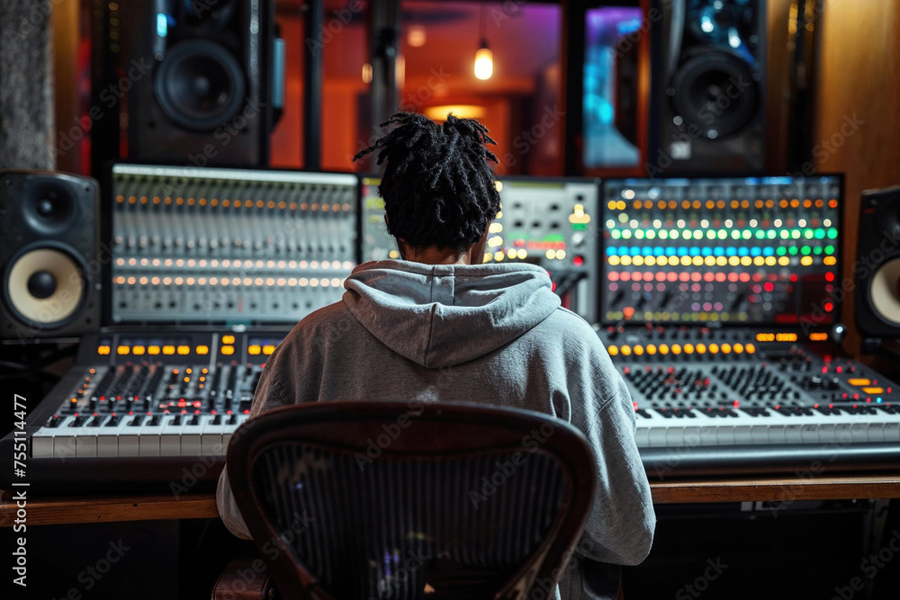 Anonymous music producer is focused on mixing tracks in a professional studio setting with a large console. Generative AI