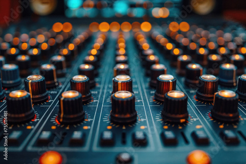 Closeup of a professional sound mixer's myriad knobs and faders glowing with orange light, essential for audio engineering. Generative AI photo