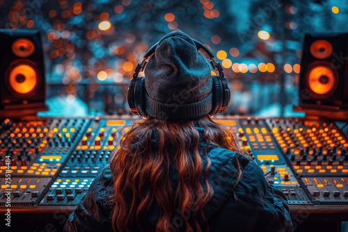Anonymous music producer with headphones is tuning tracks on a professional mixing console in a studio, illuminated by ambient lights. Generative AI photo