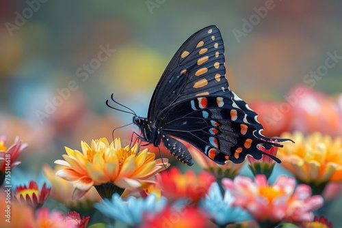 Black Butterfly Perched on Colorful Flowers © Ilugram