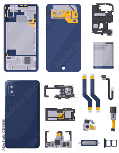 Disassembled phone. Smartphone repair parts, electronic components inside mobile smart phones, broken cellphone hardware details battery