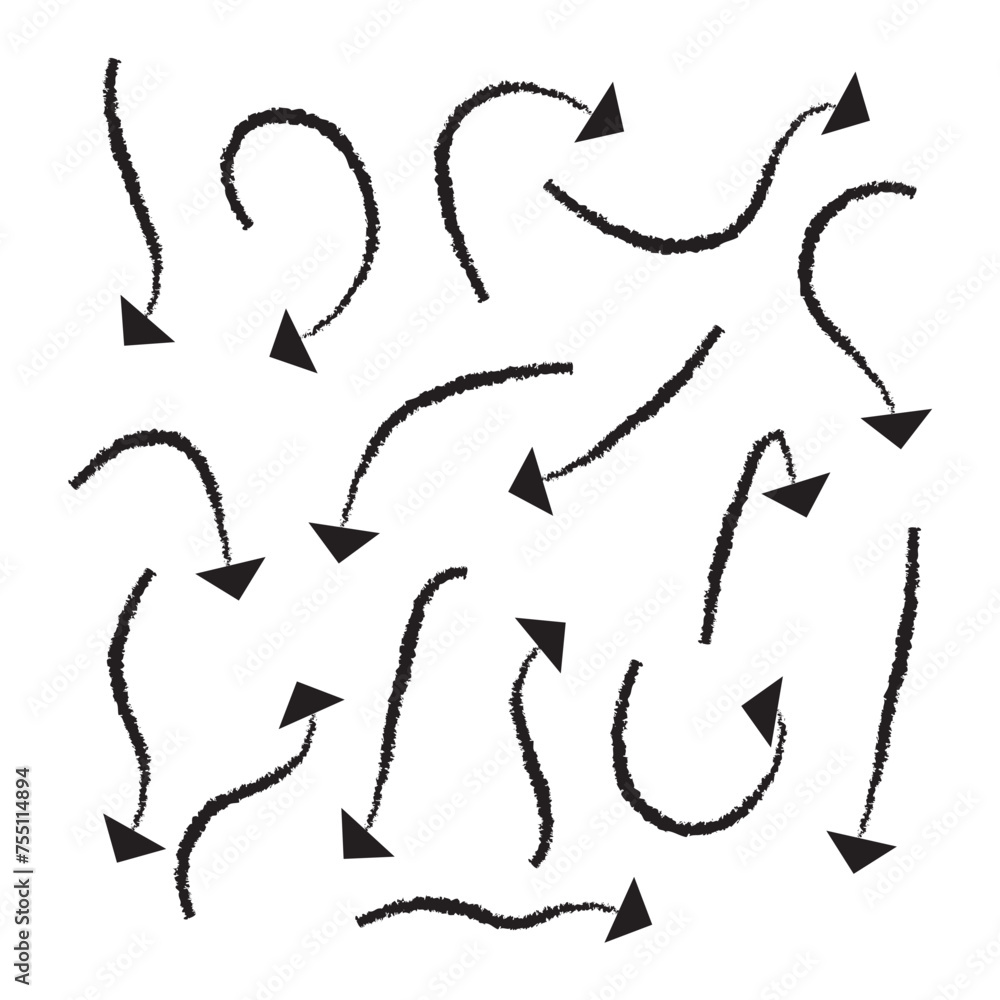 Arrows set, hand drawn doodle direction twist indicators, pointers and scroll elements. Collection of swirly various dynamics shapes. Isolated on white background. Vector illustration eps 10. Arrows set, hand drawn doodle direction twist indicators, pointers and scroll elements. Collection of swirly various dynamics shapes. Isolated on white background. Vector illustration eps 10.