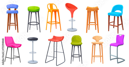 Bar stools. Tall stool, standing high seat for bar club or office store, modern vintage wooden chairs restaurant bistro kitchen studio furniture, cartoon neat vector illustration photo