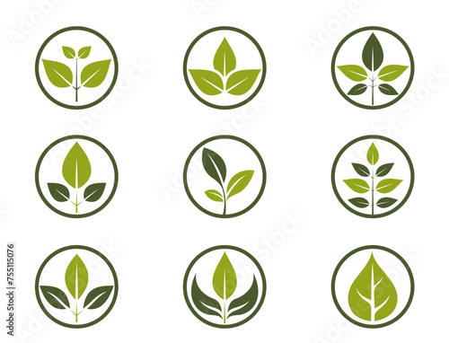 organic icon set. green plant in a circle. eco friendly, natural and bio symbols. isolated vector illustrations