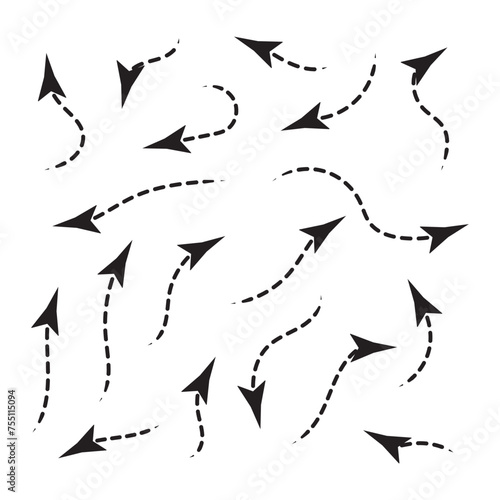 Arrows set, hand drawn doodle direction twist indicators, pointers and scroll elements. Collection of swirly various dynamics shapes. Isolated on white background. Vector illustration eps 10.