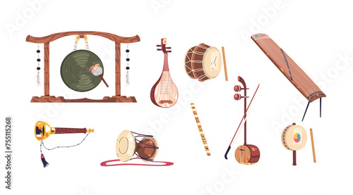 Korean musical instruments. Traditional music instrument of Korea, piping instrumentation for festival performance, chinese loquat samulnori drum gong, classy vector illustration