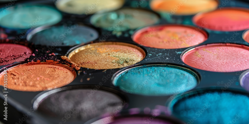 A close-up photo of a vibrant eyeshadow makeup palette with various colors and textures A close-up photo of a vibrant eyeshadow makeup palette with various colors and textures