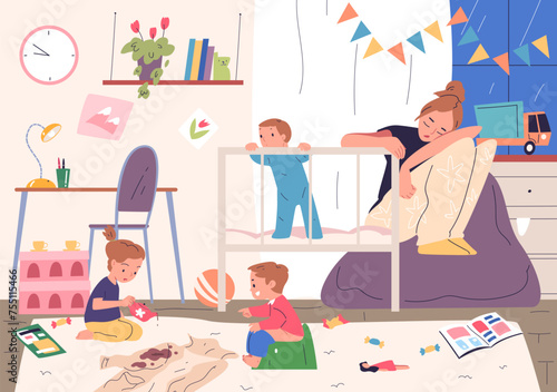 Tired sleeping mother. Sleepy mom and awake toddler in child messy bedroom, overworked mum housework exhausted asleep parent birth baby, parental upset classy vector illustration