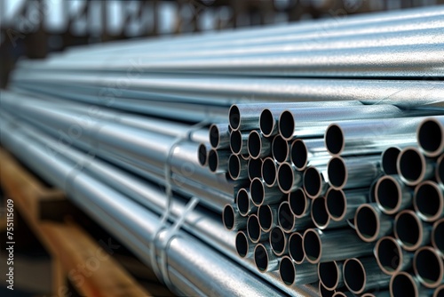 galvanized steel pipes stacked in warehouse