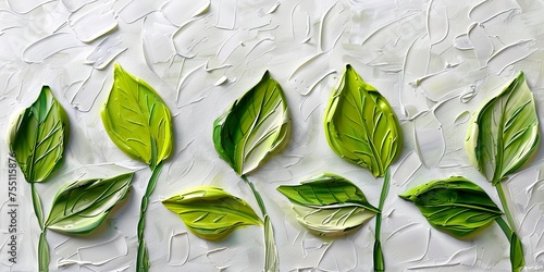 A decorative painting of green leaves with thick oil painting texture effect. Green leaves with three-dimensional effect of thick paint rich in details. Simple and modern leaf painting. © Vagner Castro