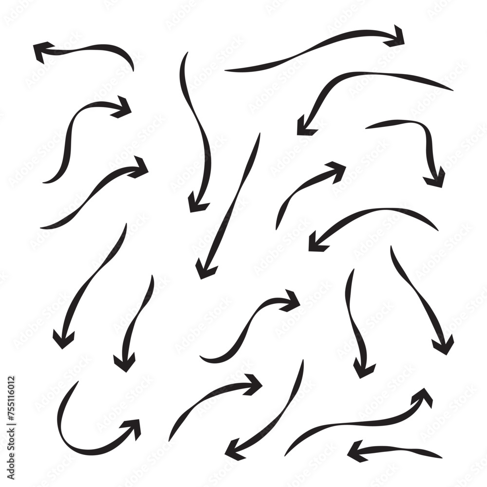 Fototapeta premium Arrows set, hand drawn doodle direction twist indicators, pointers and scroll elements. Collection of swirly various dynamics shapes. Isolated on white background. Vector illustration eps 10.
