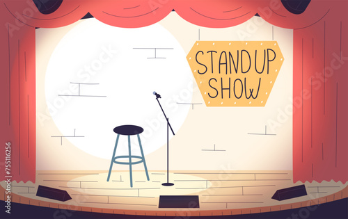 Standup stage. Stand-up event cartoon interior, microphone and stool on theater empty scene with red curtain, comedy show or opera music concept audience classy vector illustration