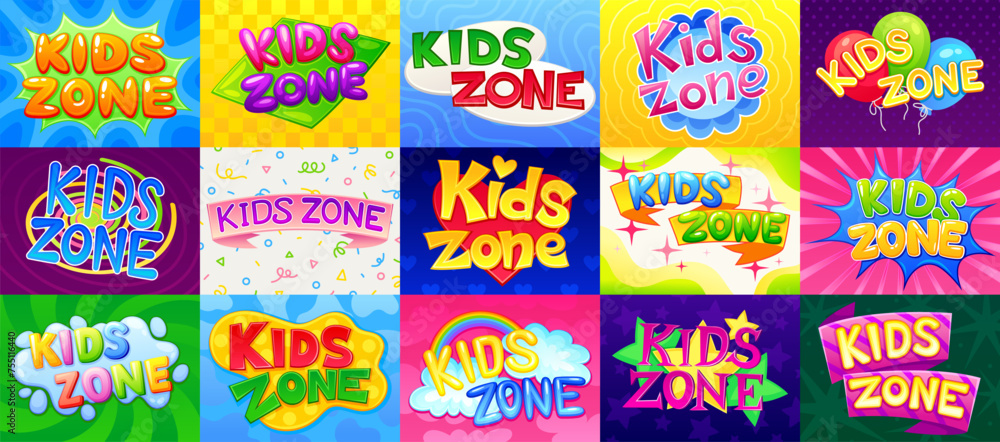 Kids zone emblems. Child playground zone badge, rainbow sign kid play toy area logo fun entertainment or baby education creative cartoon letter label, neoteric vector illustration
