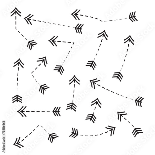 Arrows set  hand drawn doodle direction twist indicators  pointers and scroll elements. Collection of swirly various dynamics shapes. Isolated on white background. Vector illustration eps 10.