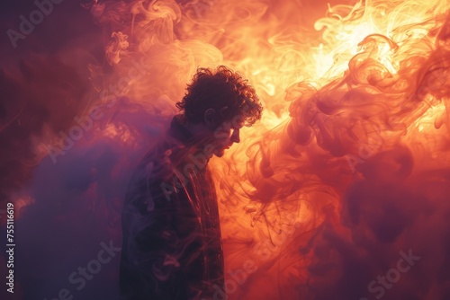 Man Standing Before Fire-Filled Wall