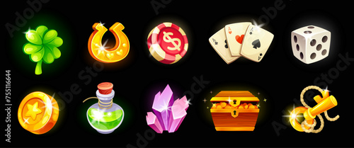 Rpg game slots. Magical gaming icons for mobile casino roulette, cartoon loot ui badge kit ancient treasure dice gold medal magic glow gems video games neoteric vector illustration