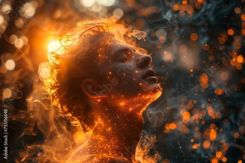 Womans Face Enveloped in Fire and Sparkles