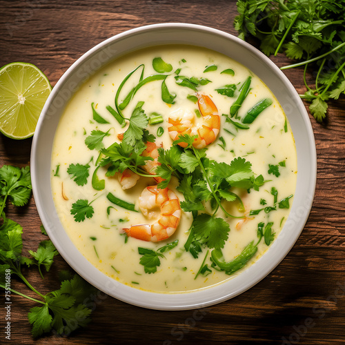 Delicious coconut shrimp soup with cilantro and lime garnish