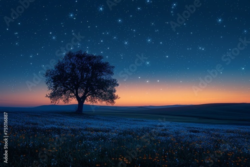 Isolated Tree Standing in Night Field