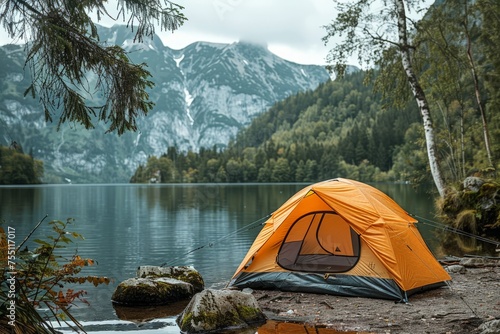 Tent Pitched by Lake Shore