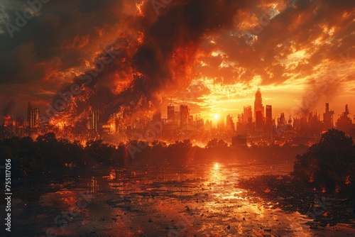 Sun Setting Over a Post-Apocalyptic City