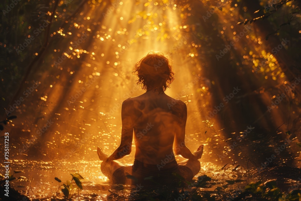 Person Meditating in Forest With Sunlight Streaming Through Trees