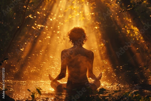 Person Meditating in Forest With Sunlight Streaming Through Trees