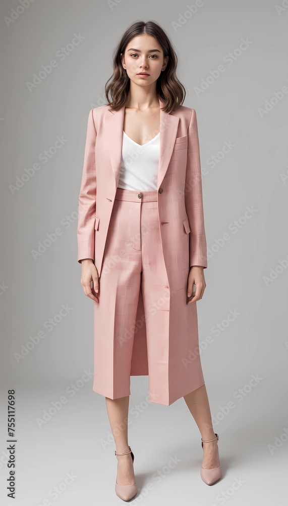 The minimalist background enhances the focus on the impeccably tailored cream suit, reflecting an aura of sophistication and modern luxury. The minimalist background enhances the focus on the impeccably tailored cream suit, reflecting an aura of sophistication and modern luxury.
