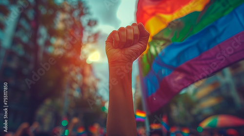 Fist raised for the vindication of the rights of the lgtbi collective, with the rainbow flag in the background. Protest and celebration of Pride Day.