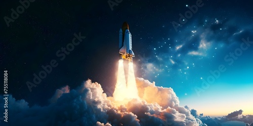 A rocket ship launching into space symbolizing business success and innovation. Concept Business Success, Innovation, Rocket Ship, Space Launch, Symbolism