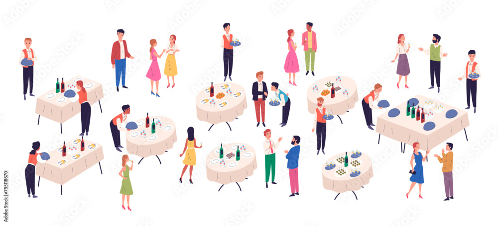 People at banquet table. Standing appetizer tables catering banquet service occasioned celebration wedding birthday party, enjoy restaurant food drink, classy vector illustration