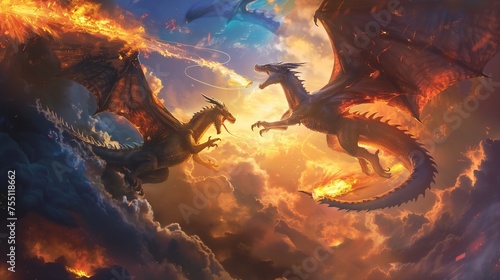 two dragons fighting with each other with their fire in the sky photo