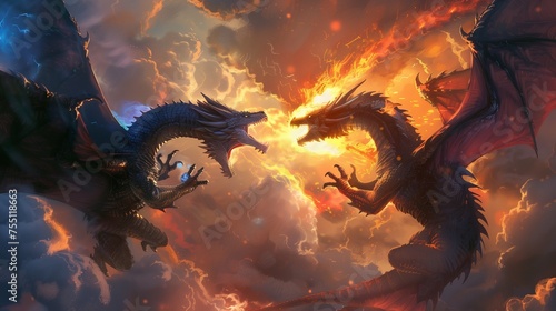 two dragons fighting with each other with their fire in the sky photo