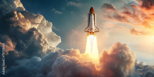 Rocket Ship Launching into Space: A Symbol of Business Success and Innovation. Concept Business Success, Innovation, Rocket Ship, Space, Symbol